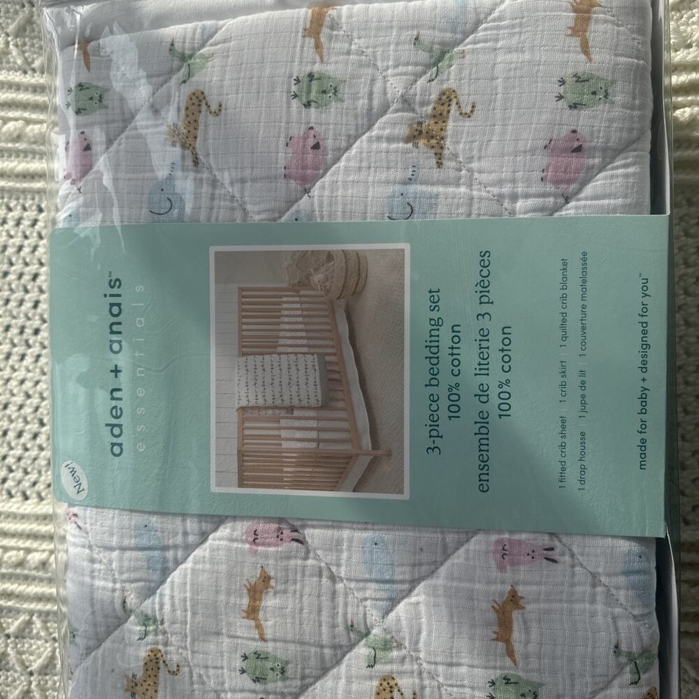 NEW ADEN + ANAIS 3 PIECE CRIB BEDDING SET ANIMALS & ALPHABET